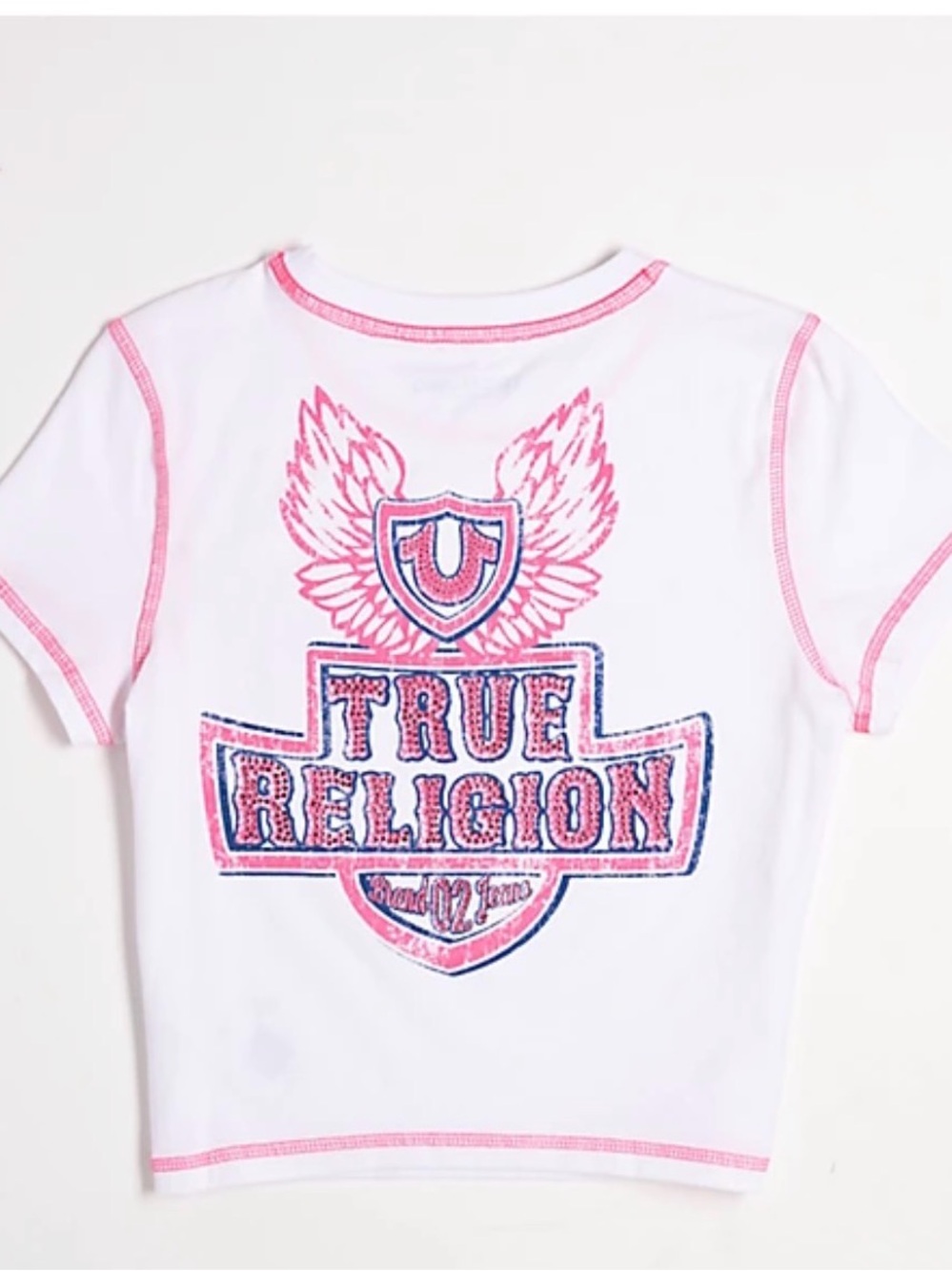 True Religion Flatlock Winged Crystal Logo White Crop T-Shirt - Picture 2 of 2
